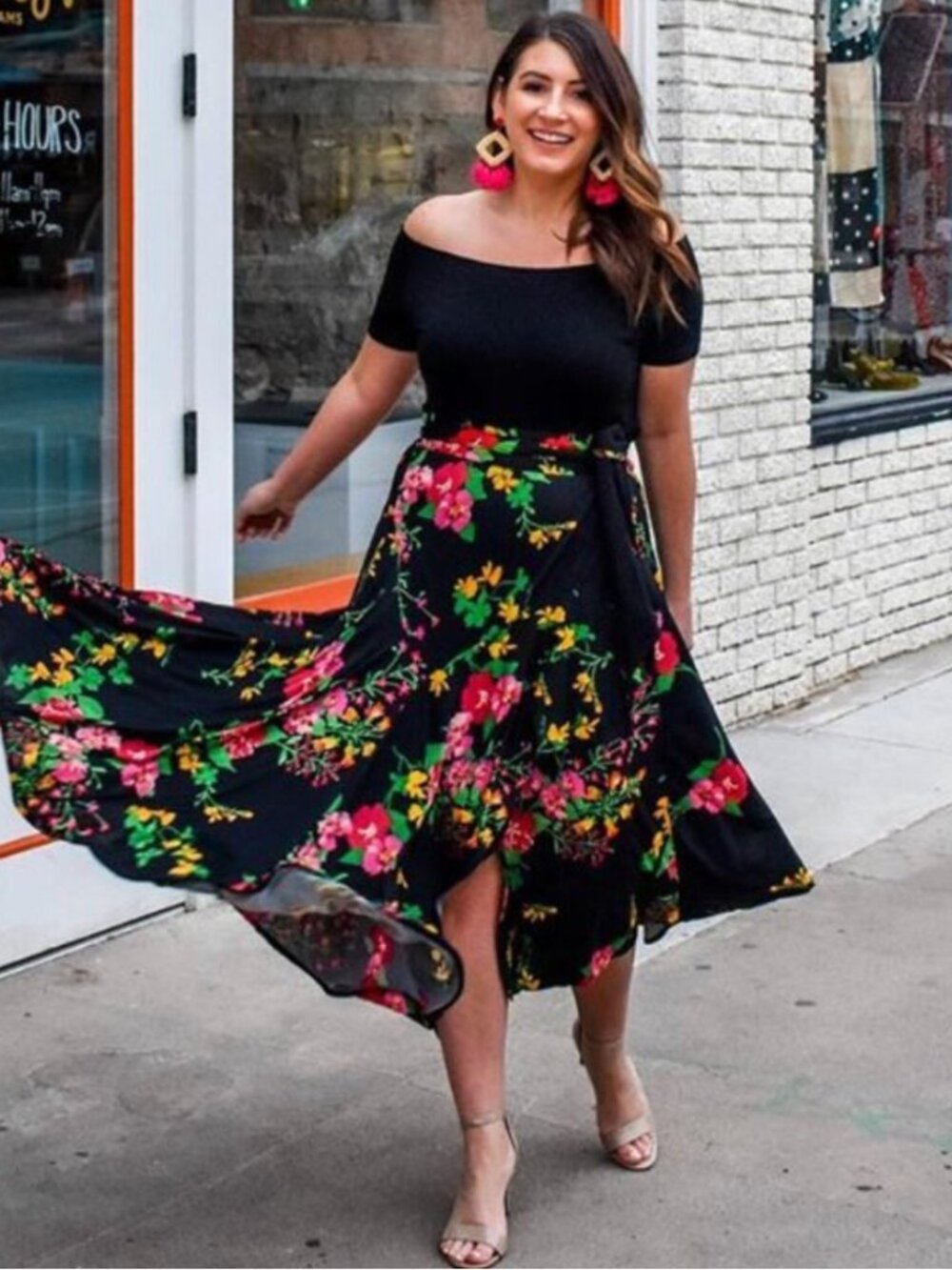 Cabi Drama Skirt #5700 Black w Multicolor Floral Wrap Hi Lo Size Large L